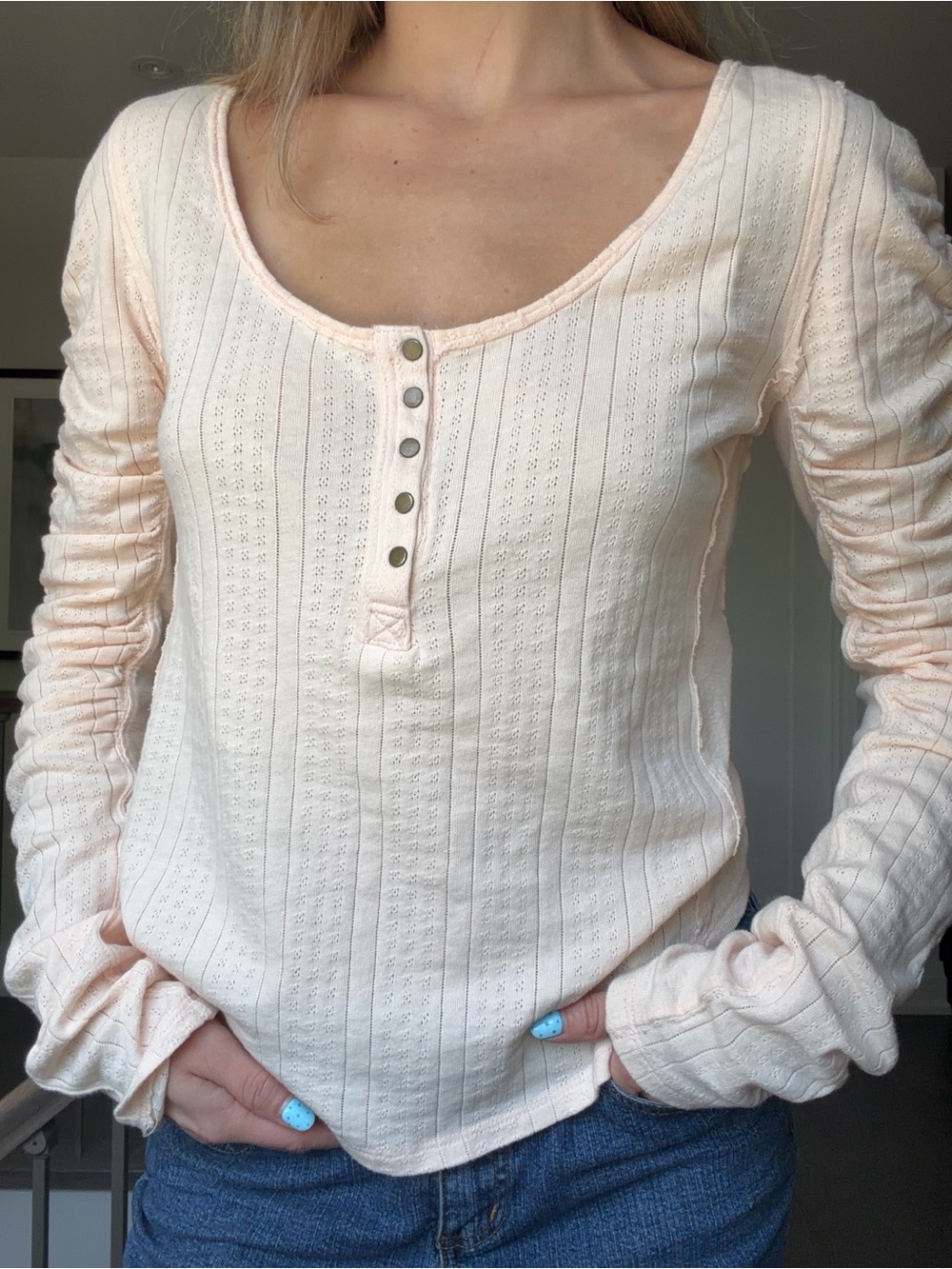We The Free Pale Pink Scoop Neck Henley Long Sleeve Top